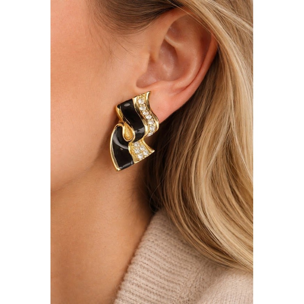 Swarovski‎ Crystal Black Enamel Gold Plate Clip On Earrings Elegant Swan Signed